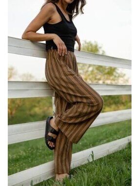 Liz Alig Women's Handwoven Cotton Pants Size XS Brown Mustard Stripe Pockets